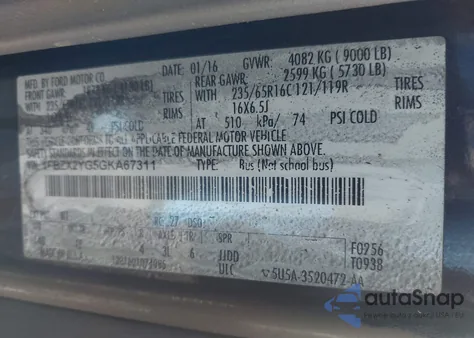 2016 Ford Transit-350 Xl from USA, damaged, VIN 1FBZX2YG5GKA67311